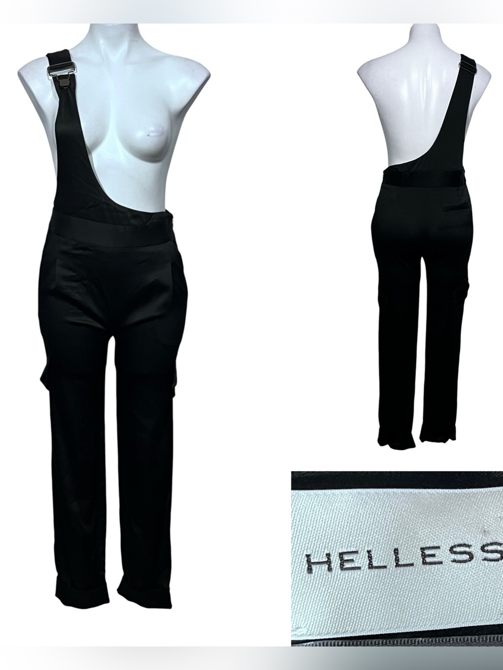 Hellessy Jumpsuit Sz 6 Black satin Asymmetric One-Shoulder trendy goth preppy